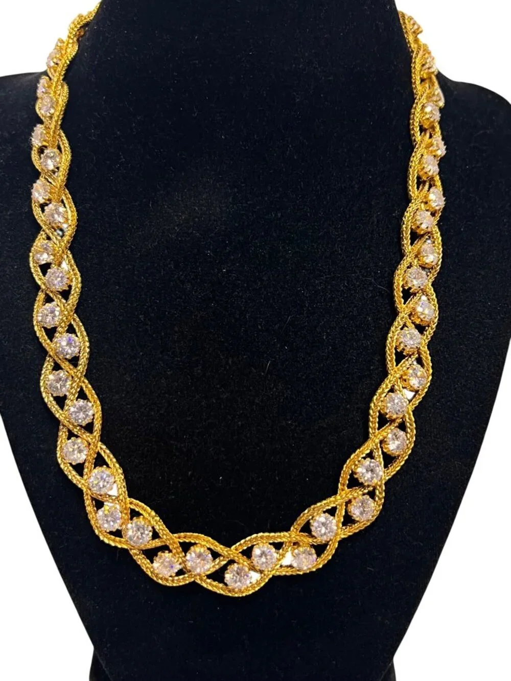 Nolan Miller Gold Tone Braided Wheat Chain Necklace W/ Clear Rhinestones (6307) - Picture 2 of 7
